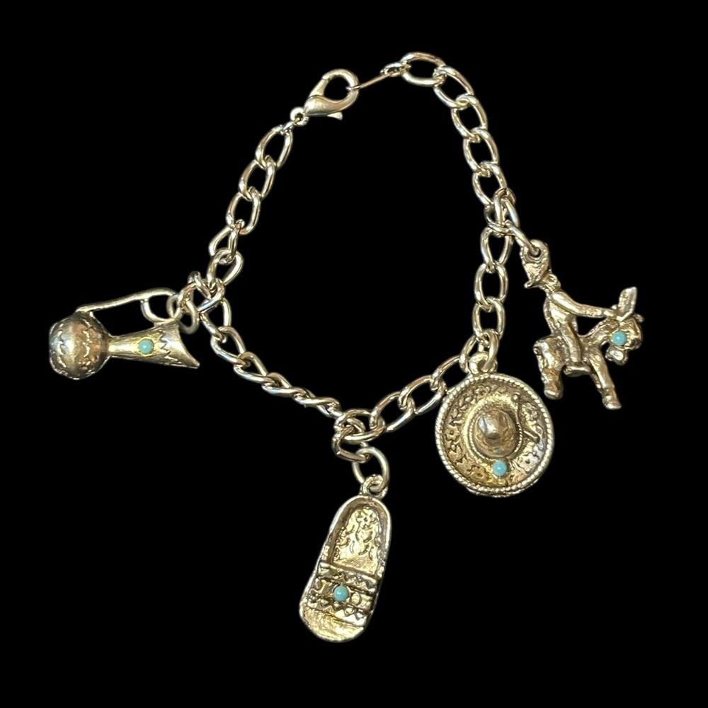 Silver-Tone Mexico Theme Charm Bracelet Sombrero, Mule/Rider, Huaraches, Vessel